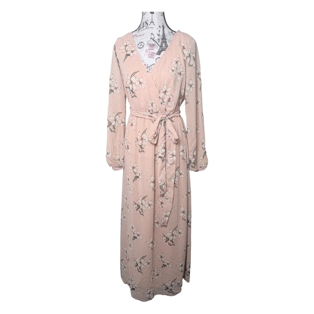 Club Soda Maxi Dress Women's Large Pink Floral Wrap Tie Waist Long Sleeve